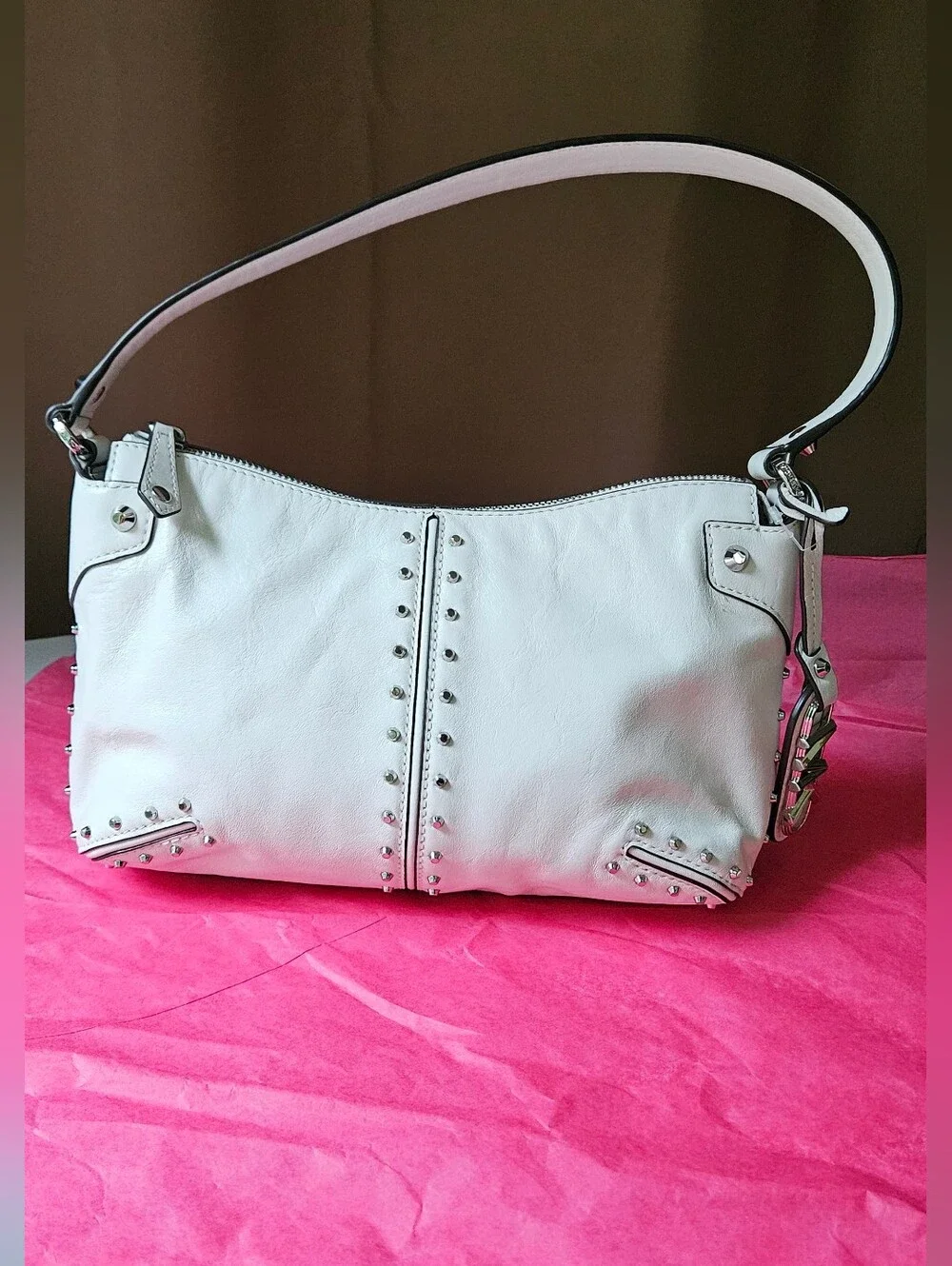 NWOT Michael Kors Astor Studded Leather Shoulder Bag Optic White